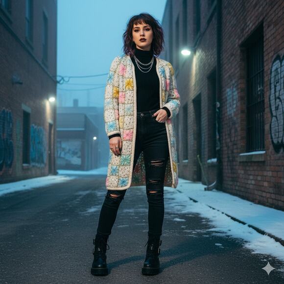 Rare Vtg Lilly of California Hand Knit Granny Square Open-Front Cardigan XS/S - Picture 3 of 10